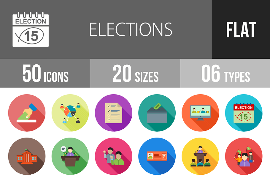 50 Elections Flat Shadowed Icons
