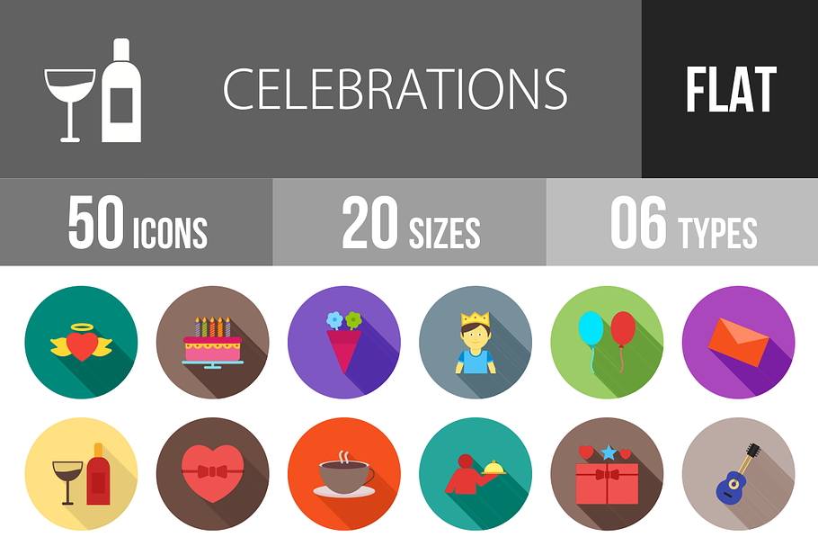 50 Celebrations Flat Shadowed Icons