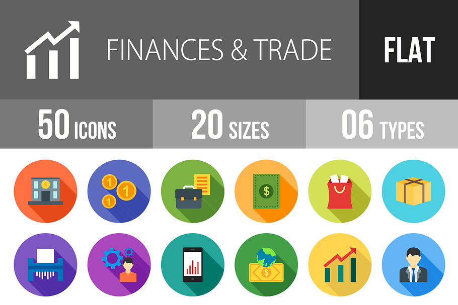 50 Finance Trade Flat Shadowed Icons