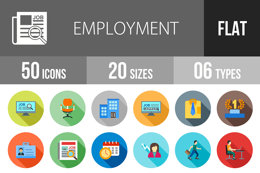 50 Employment Flat Shadowed Icons