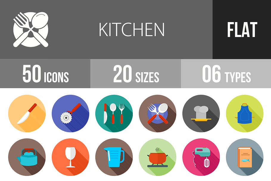 50 Kitchen Flat Shadowed Icons