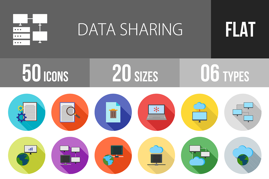 50 Data Sharing Flat Shadowed Icons