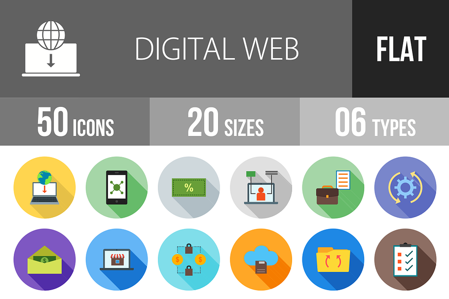 50 Digital Web Flat Shadowed Icons