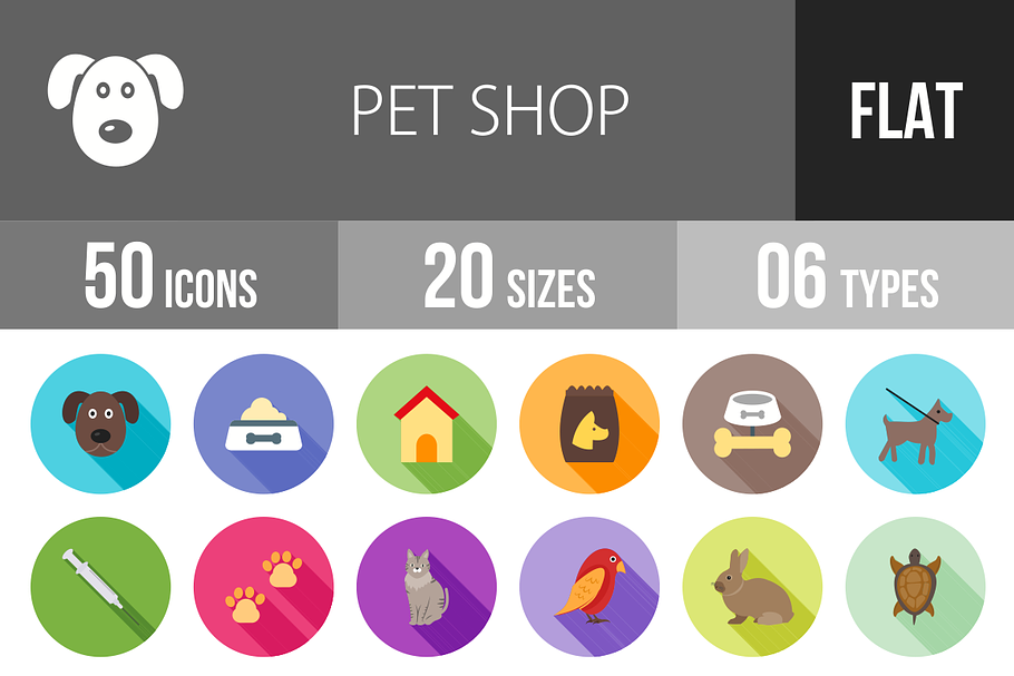 50 Pet Shop Flat Shadowed Icons