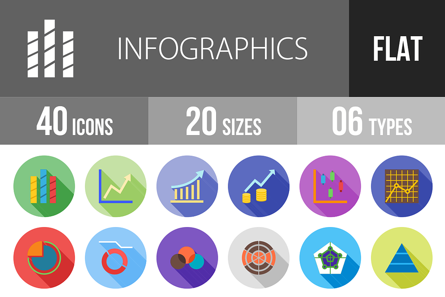 40 Infographics Flat Shadowed Icons