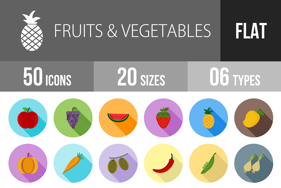 50 Fruits Flat Shadowed Icons