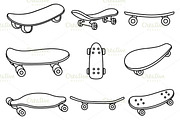 Set of black and white skateboards