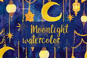 Watercolor moon, stars, lanters