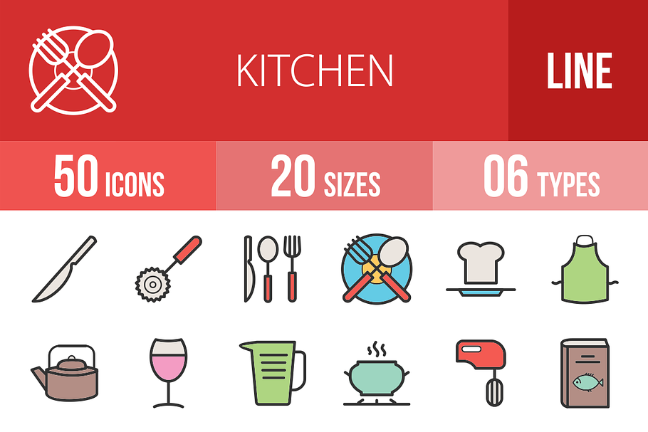 50 Kitchen Line Filled Icons