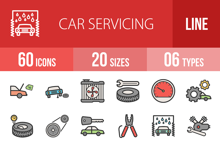 60 Car Servicing Line Filled Icons