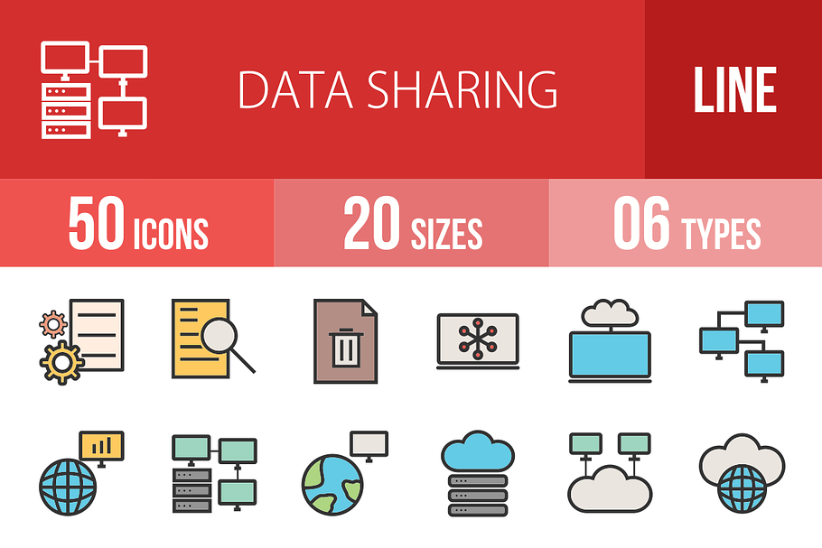 50 Data Sharing Line Filled Icons