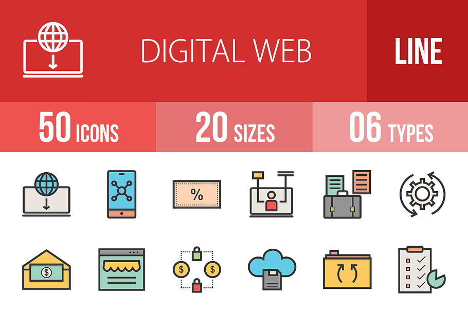 50 Digital Web Line Filled Icons