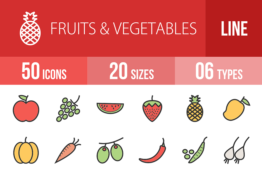 50 Fruit Vegetable Line Filled Icons