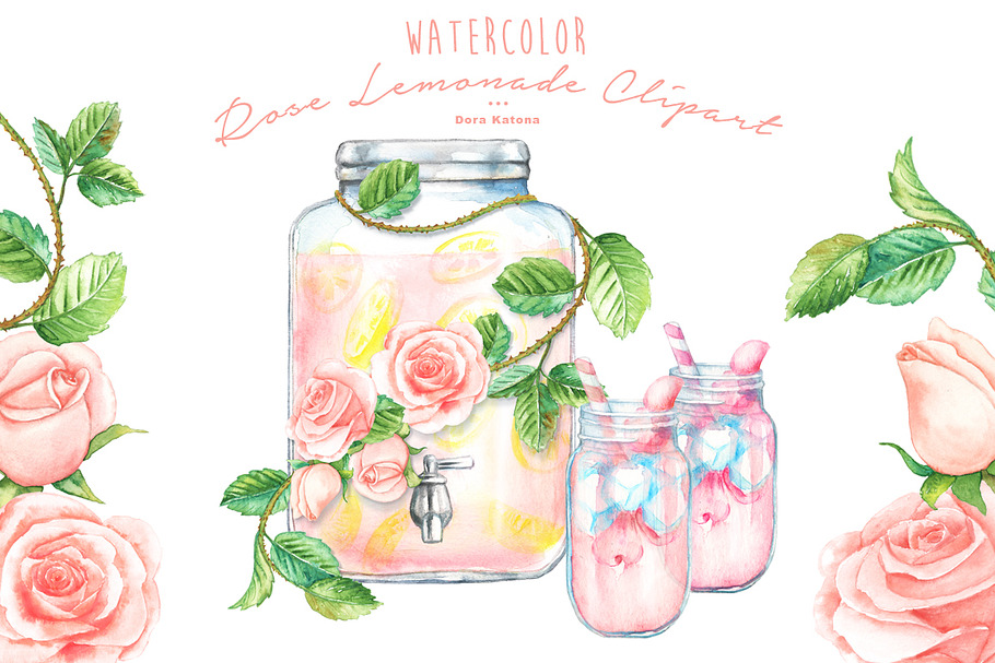 Watercolor Rose Lemonade Clipart in Illustrations - product preview 8
