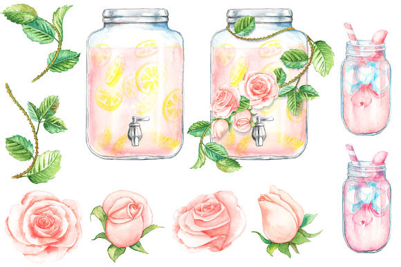 Watercolor Rose Lemonade Clipart in Illustrations - product preview 1