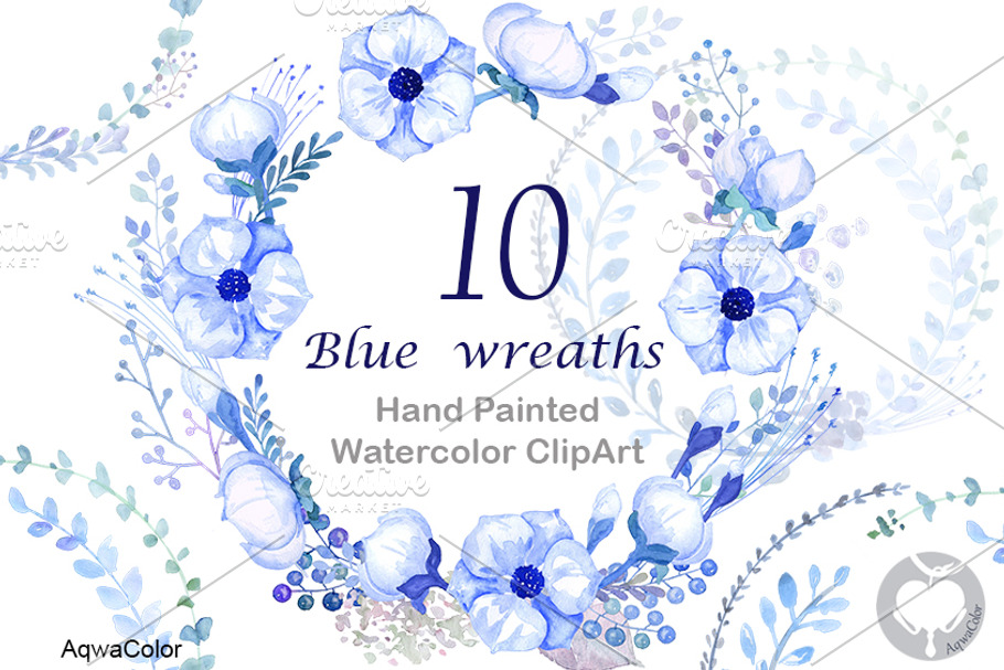 Watercolour clipart Blue Wreaths in Illustrations - product preview 8