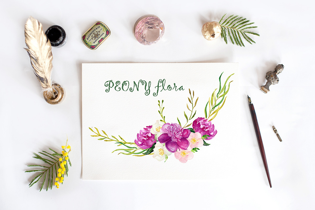 Peony flora watercolor illustrations in Illustrations - product preview 8