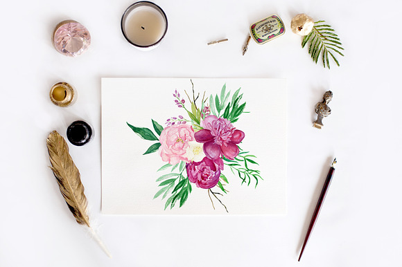 Peony flora watercolor illustrations in Illustrations - product preview 2