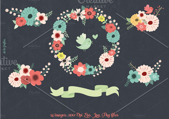 Chalkboard Natural Floral Wreaths 3 in Illustrations - product preview 1