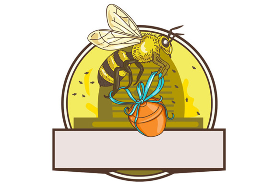 Bee Carrying Honey Pot Skep Circle in Illustrations - product preview 8