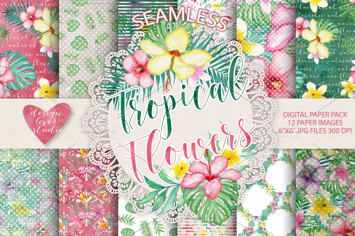 Watercolor tropical digital paper in Patterns - product preview 8