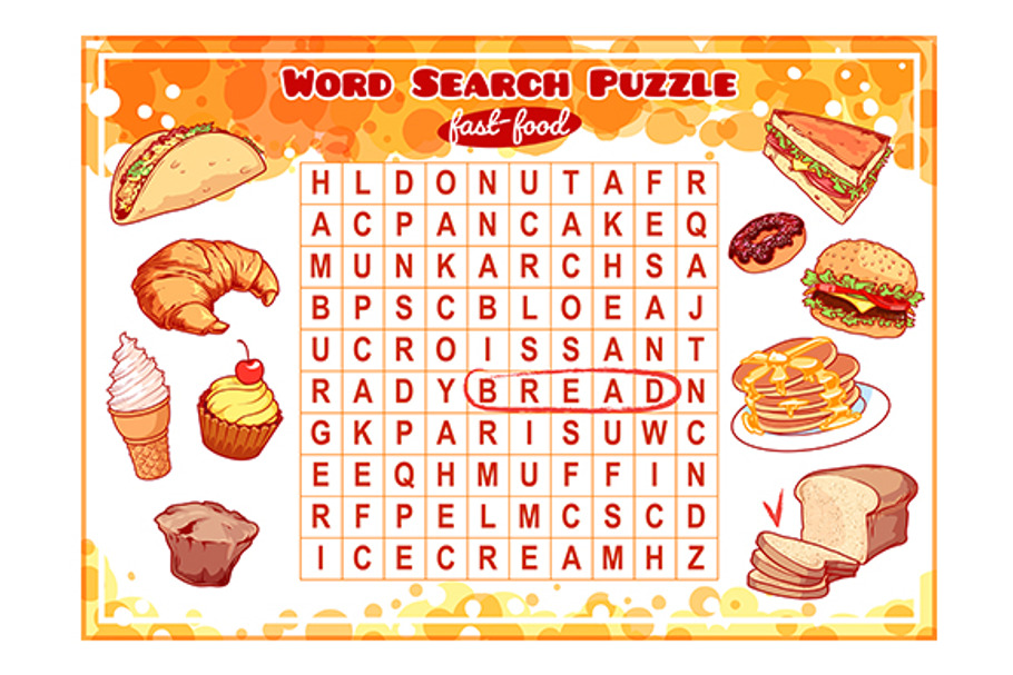 Word search puzzle with sweets. CustomDesigned Illustrations