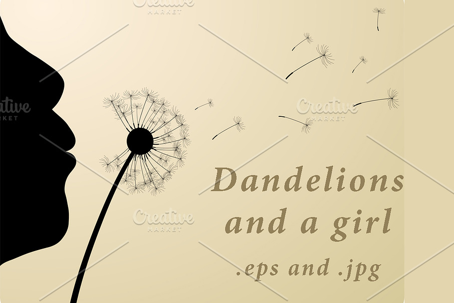 Dandelions and silhouette of a girl