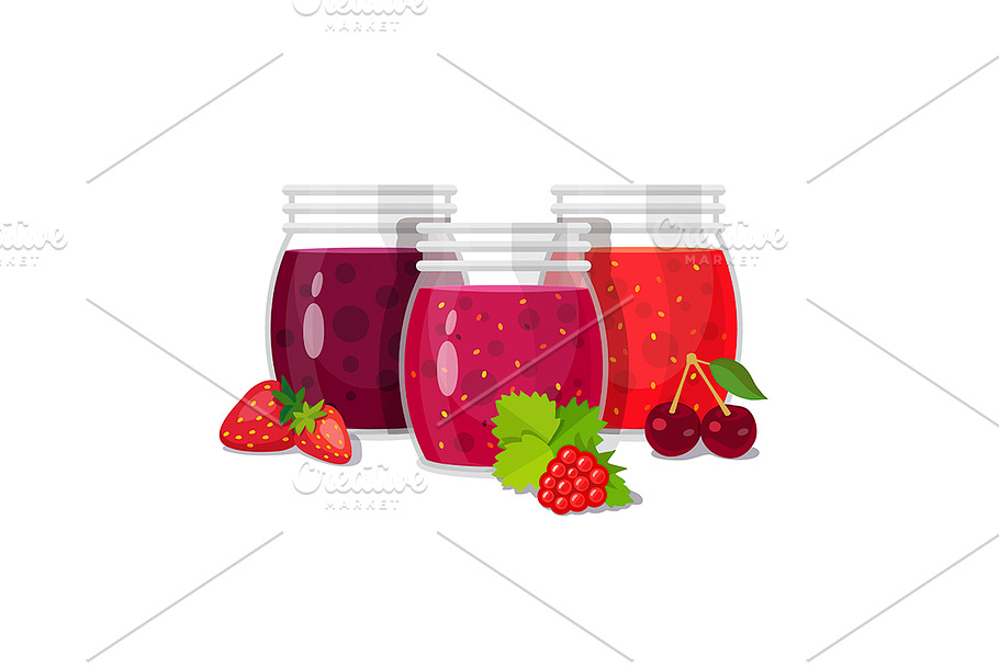 Three glass jars of jam