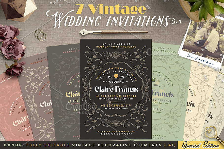 7 Vintage Deco Wedding Invitations I in Wedding Templates - product preview 8