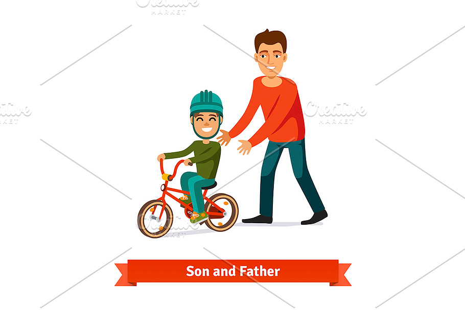 Father teaching son to ride a bike