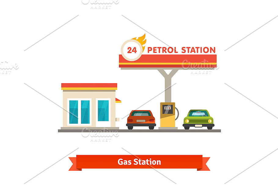 Petrol station with two cars