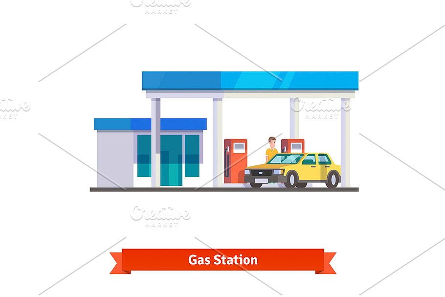 Gas station with man fuelling car in Illustrations - product preview 8