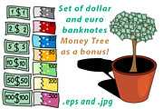 Set of dollar and euro banknotes