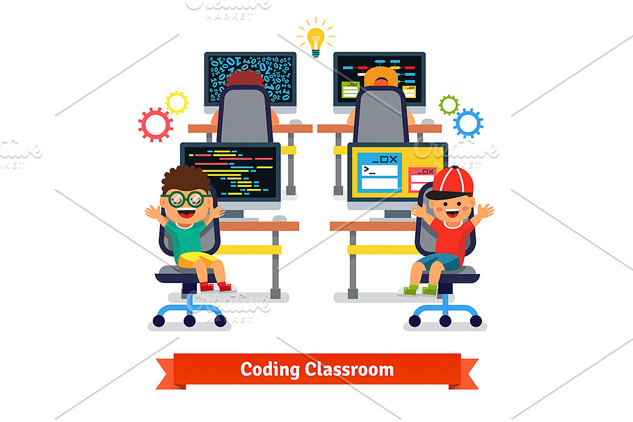 Kids learning to code in classroom in Illustrations - product preview 8