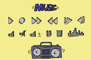 Music button doodle set. Vector