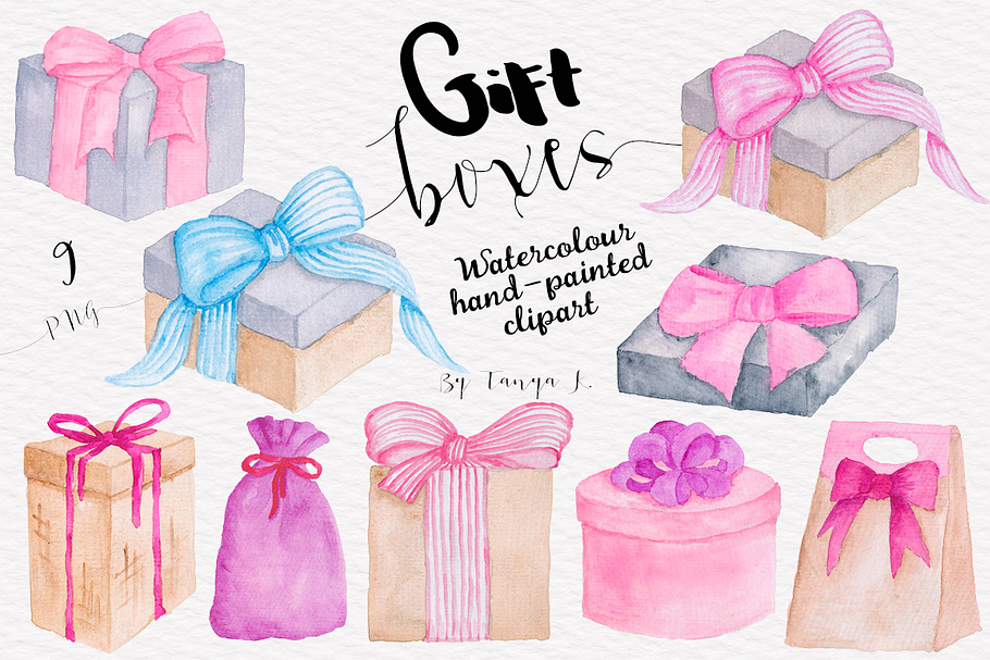 Pink Gift Boxes Watercolor clipart 