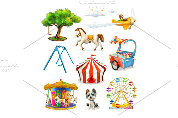 Carousel with horse, dog, game icons