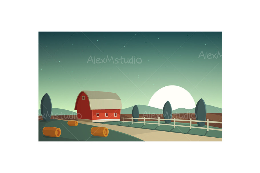 Night Farm Landscape in Illustrations - product preview 8