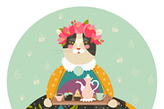 Cute cat with teapot and cakes 