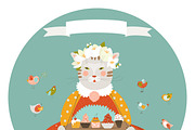 Cat with cakes wearing dress