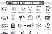 36 Media adversiting black icon set