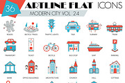 36 Modern city flat line icons set.