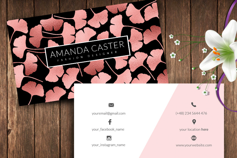 Rose Gold Ginkgo Leaves name card in Business Card Templates - product preview 8