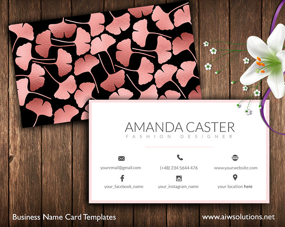 Rose Gold Ginkgo Leaves name card in Business Card Templates - product preview 1