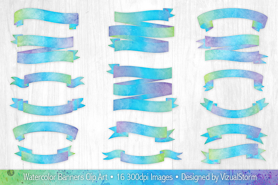 Blue/Purple/Green Watercolor Banners in Illustrations - product preview 8