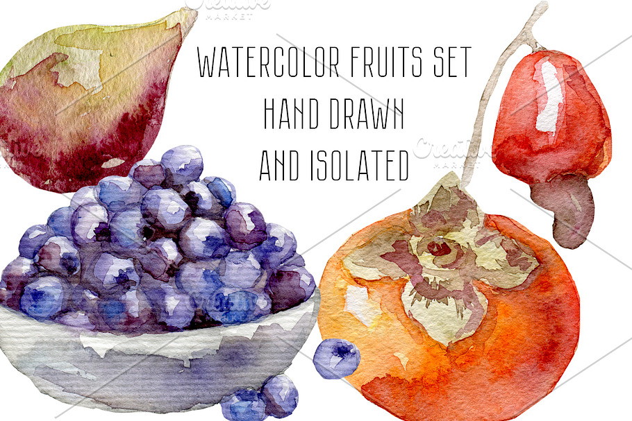 Watercolor fruits and berries set