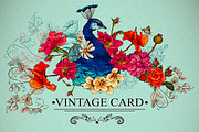 Floral Vintage Card with Peacock.