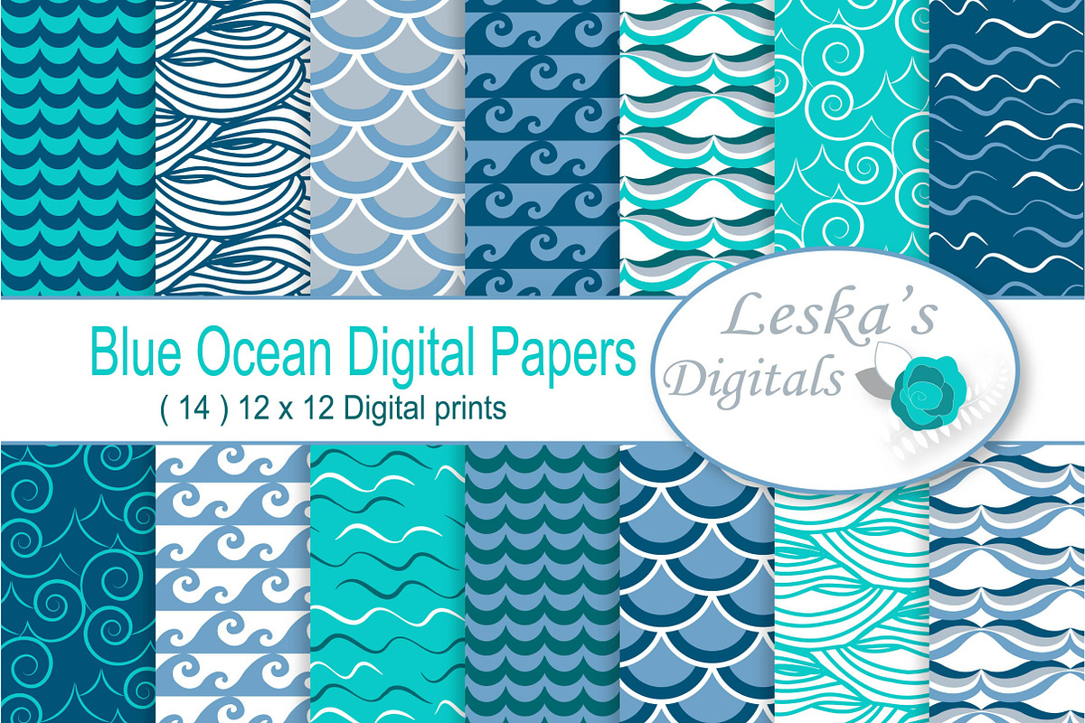 Ocean Blue Waves Digital Paper in Patterns - product preview 8