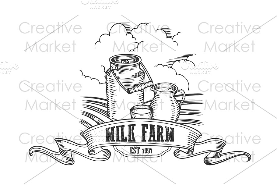 Milk farm hand drawn 2 labels in Illustrations - product preview 8