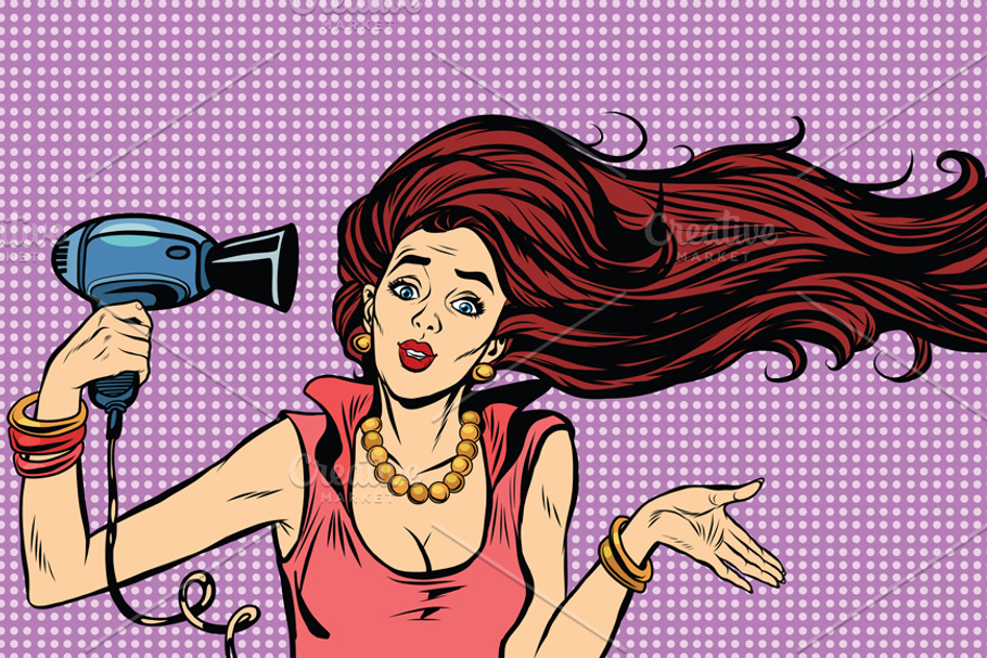 Young female drying hair hairdryer in Illustrations - product preview 8